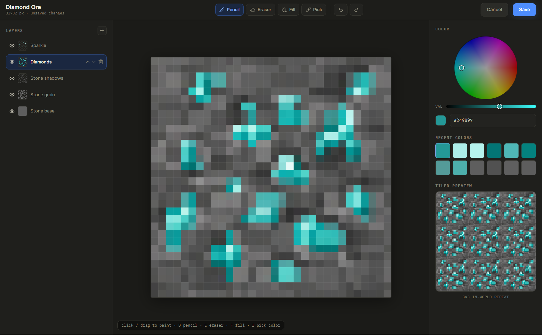 The texture editor with a diamond ore texture split into layers: sparkle, diamonds, stone shadows, grain, and base