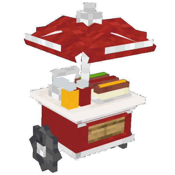 Generated Minecraft model of a hotdog stand with a red umbrella