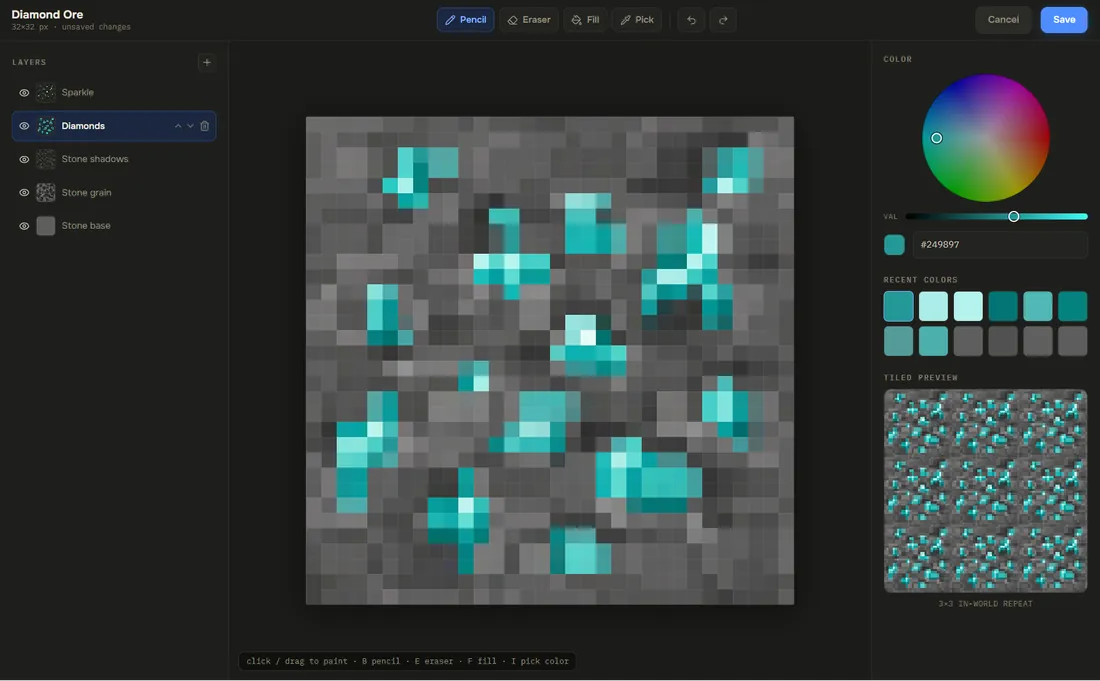 The texture editor with a diamond ore texture split into layers: sparkle, diamonds, stone shadows, grain, and base